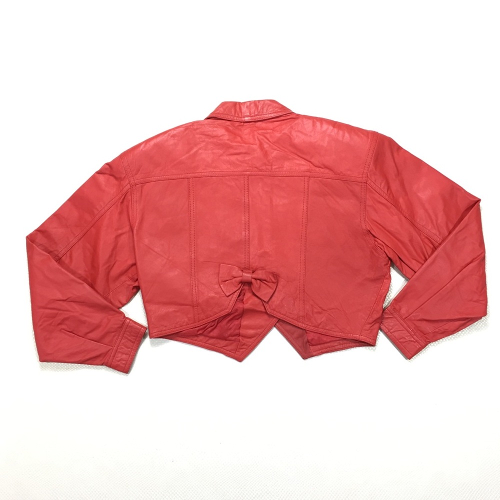 80s Red Leather Cropped Motorcycle Jacket Small